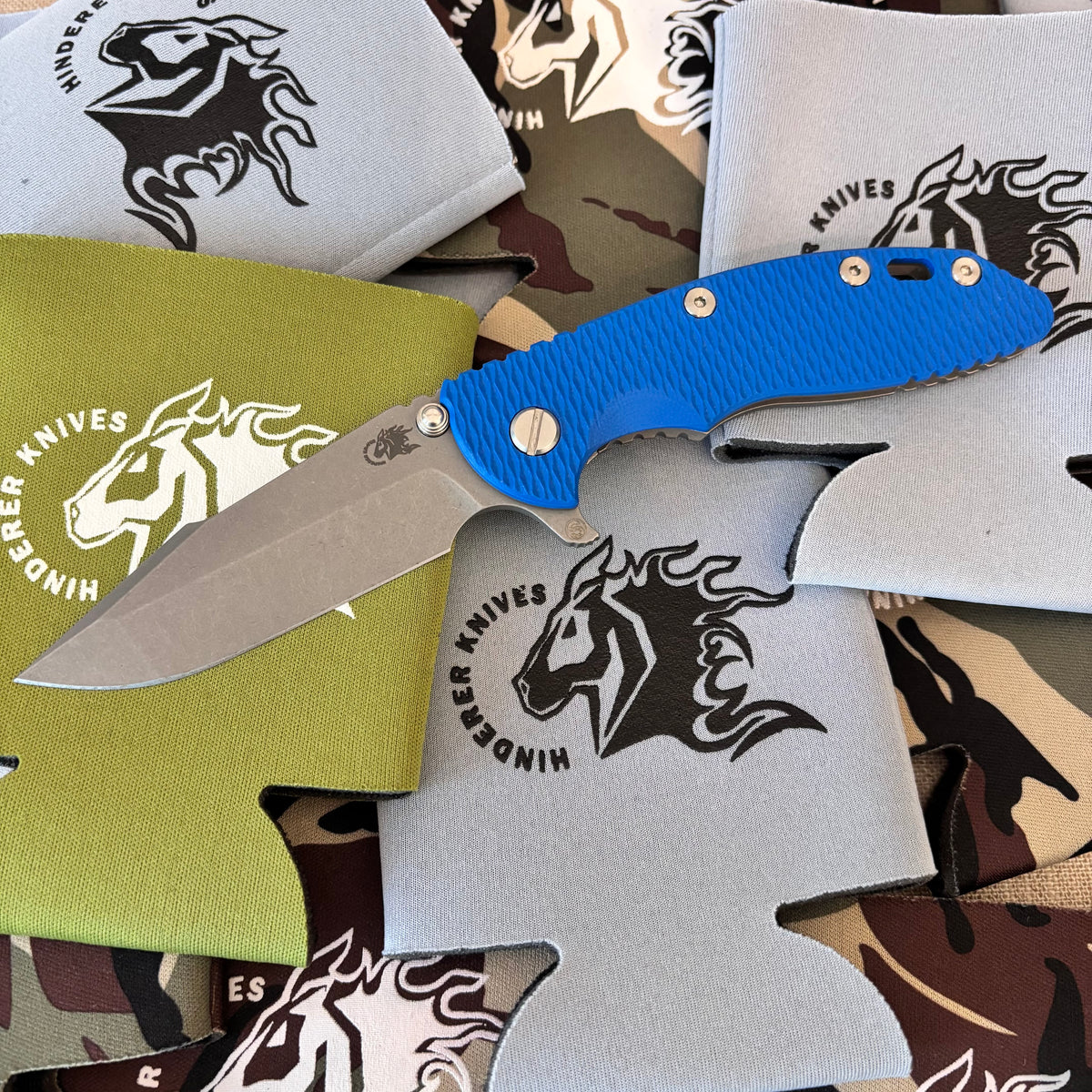 Rick Hinderer XM-18 3.5" Magnacut SKINNY HARPOON SPANTO, Tri-Way, Working Finish, Blue G10 Flipper Folding Knife