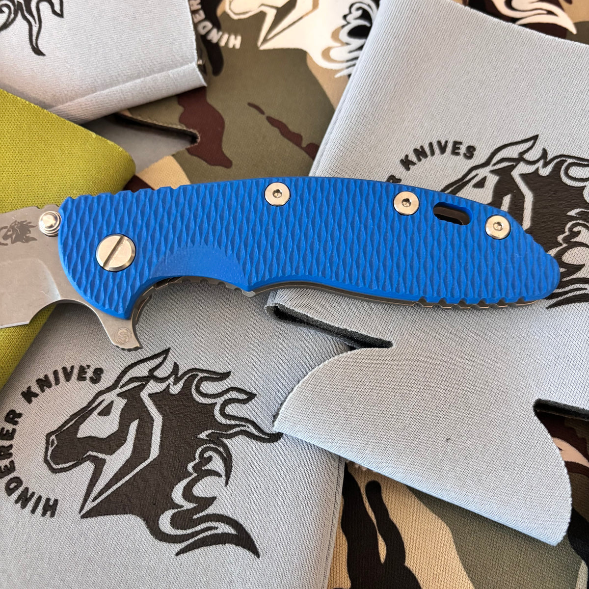 Rick Hinderer XM-18 3.5" Magnacut SKINNY HARPOON SPANTO, Tri-Way, Working Finish, Blue G10 Flipper Folding Knife