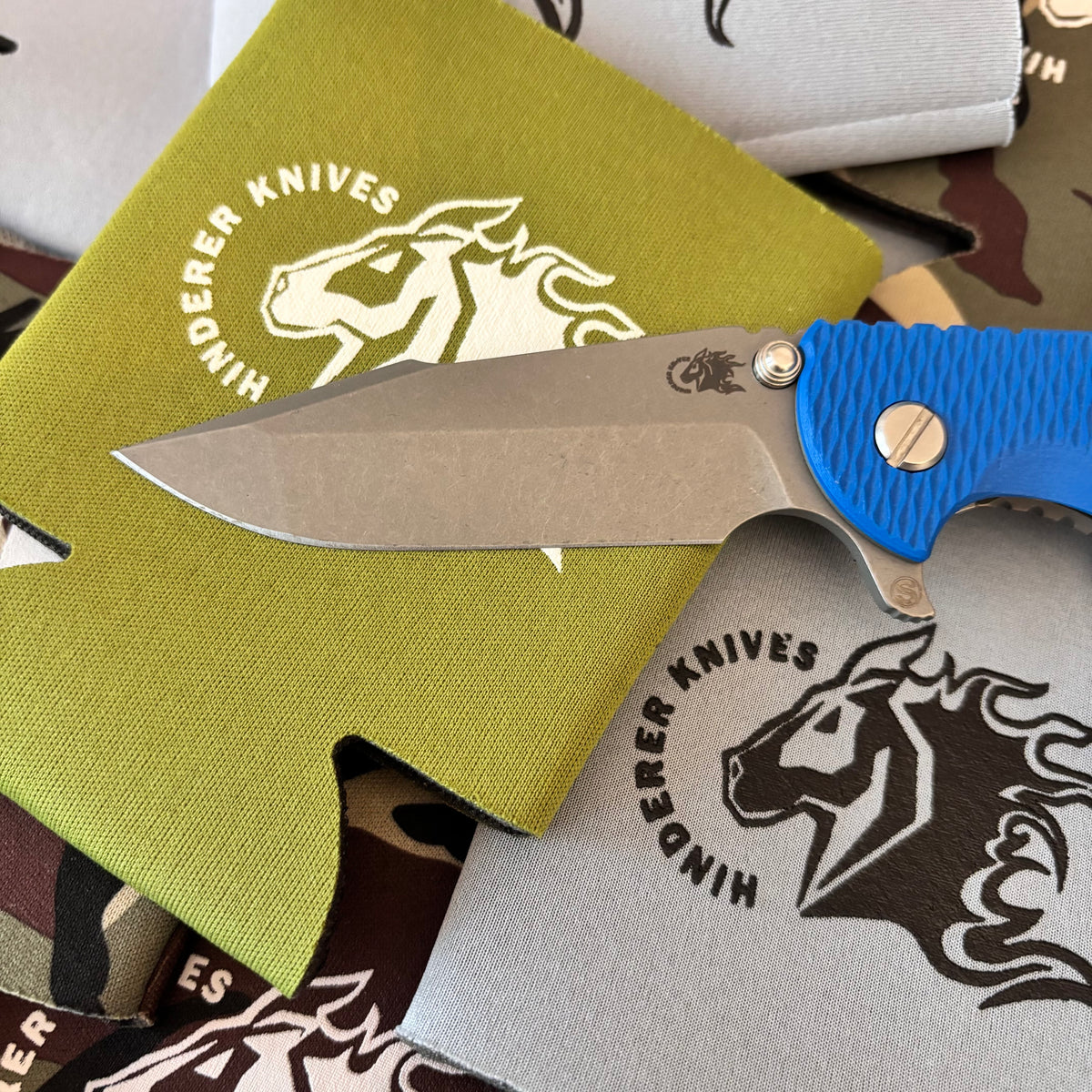 Rick Hinderer XM-18 3.5" Magnacut SKINNY HARPOON SPANTO, Tri-Way, Working Finish, Blue G10 Flipper Folding Knife