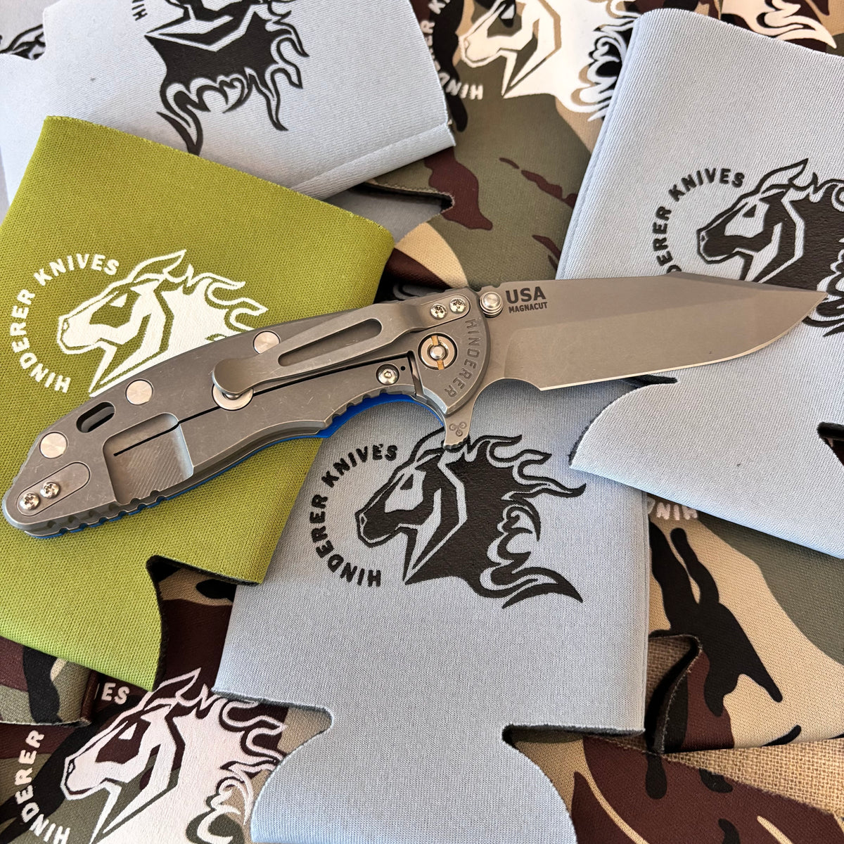 Rick Hinderer XM-18 3.5" Magnacut SKINNY HARPOON SPANTO, Tri-Way, Working Finish, Blue G10 Flipper Folding Knife