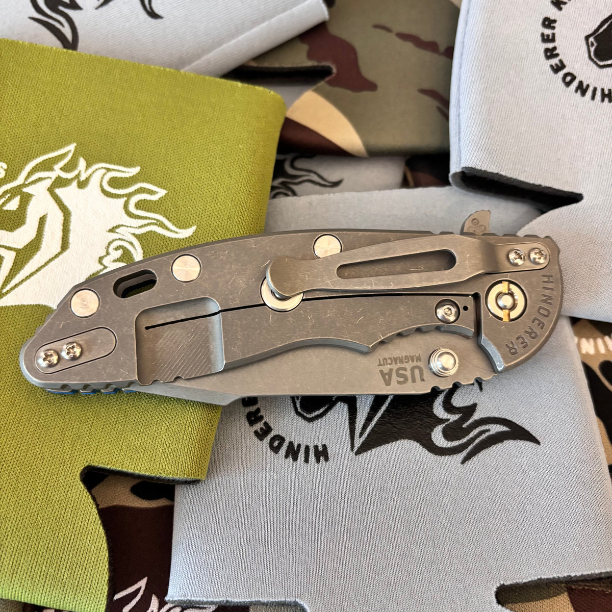 Rick Hinderer XM-18 3.5" Magnacut SKINNY HARPOON SPANTO, Tri-Way, Working Finish, Blue G10 Flipper Folding Knife