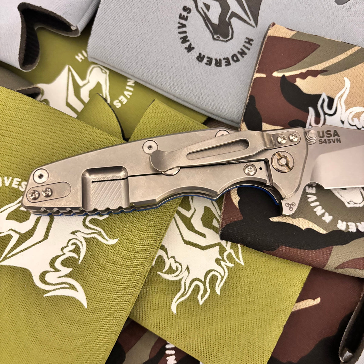 Rick Hinderer Eklipse 3.5" S45VN Slicer Hollow Grind Triway Stonewash, Blue G10 Knife