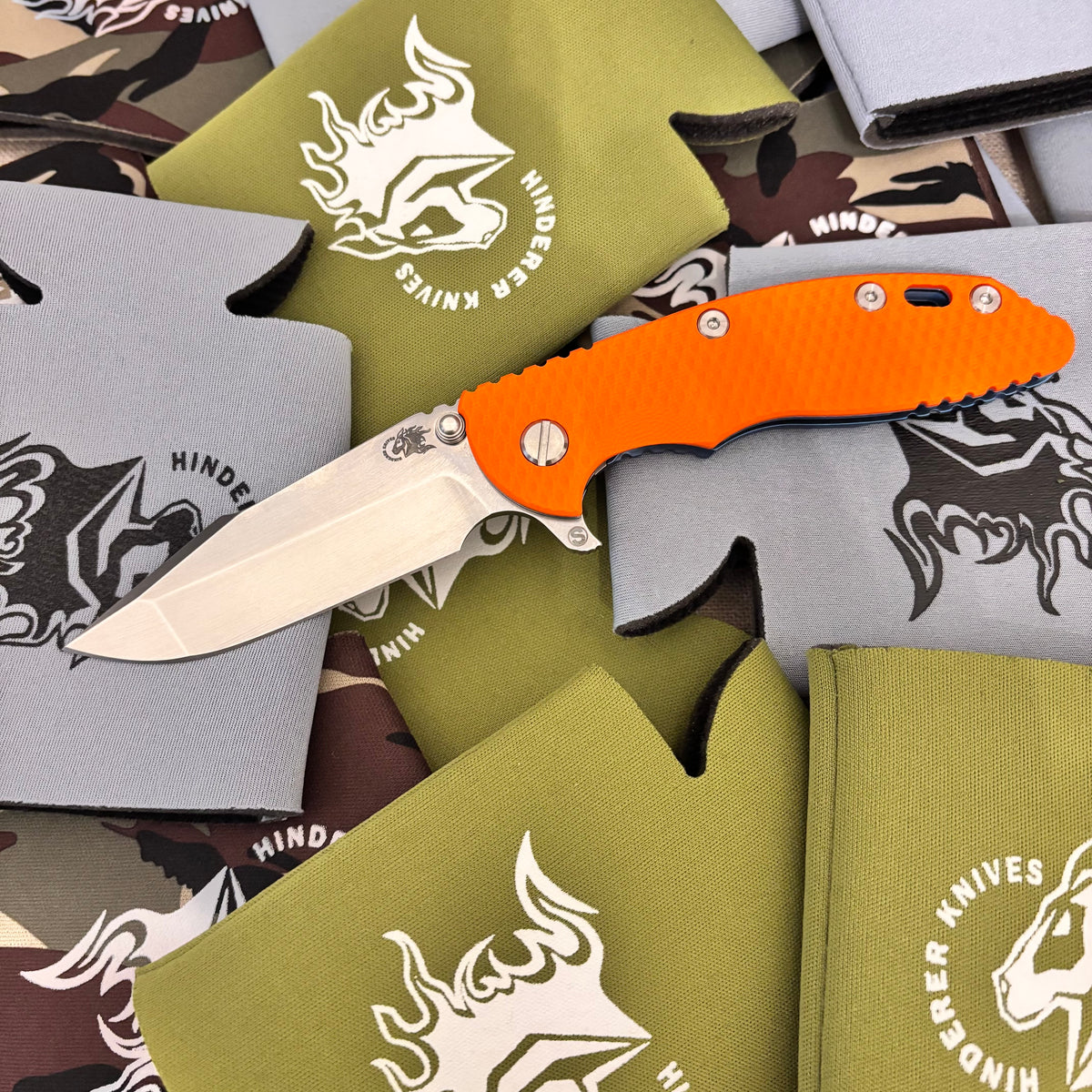 Rick Hinderer XM-18 3.5" Magnacut SKINNY HARPOON SPANTO, Tri-Way, Stonewash Blue, Orange G10 Flipper Folding Knife