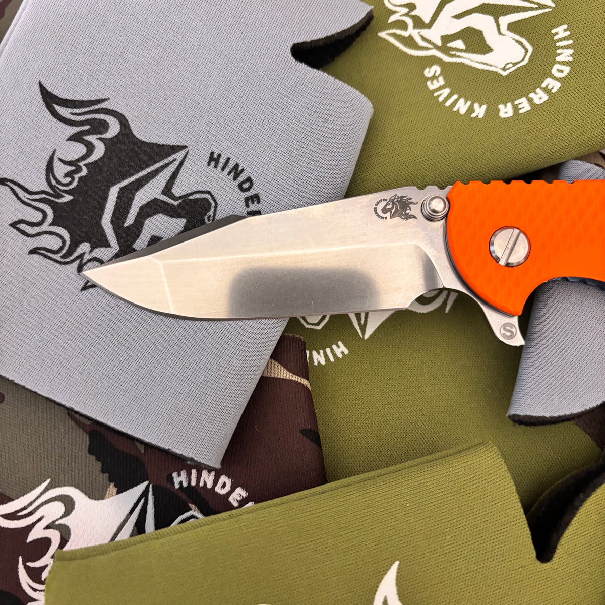 Rick Hinderer XM-18 3.5" Magnacut SKINNY HARPOON SPANTO, Tri-Way, Stonewash Blue, Orange G10 Flipper Folding Knife