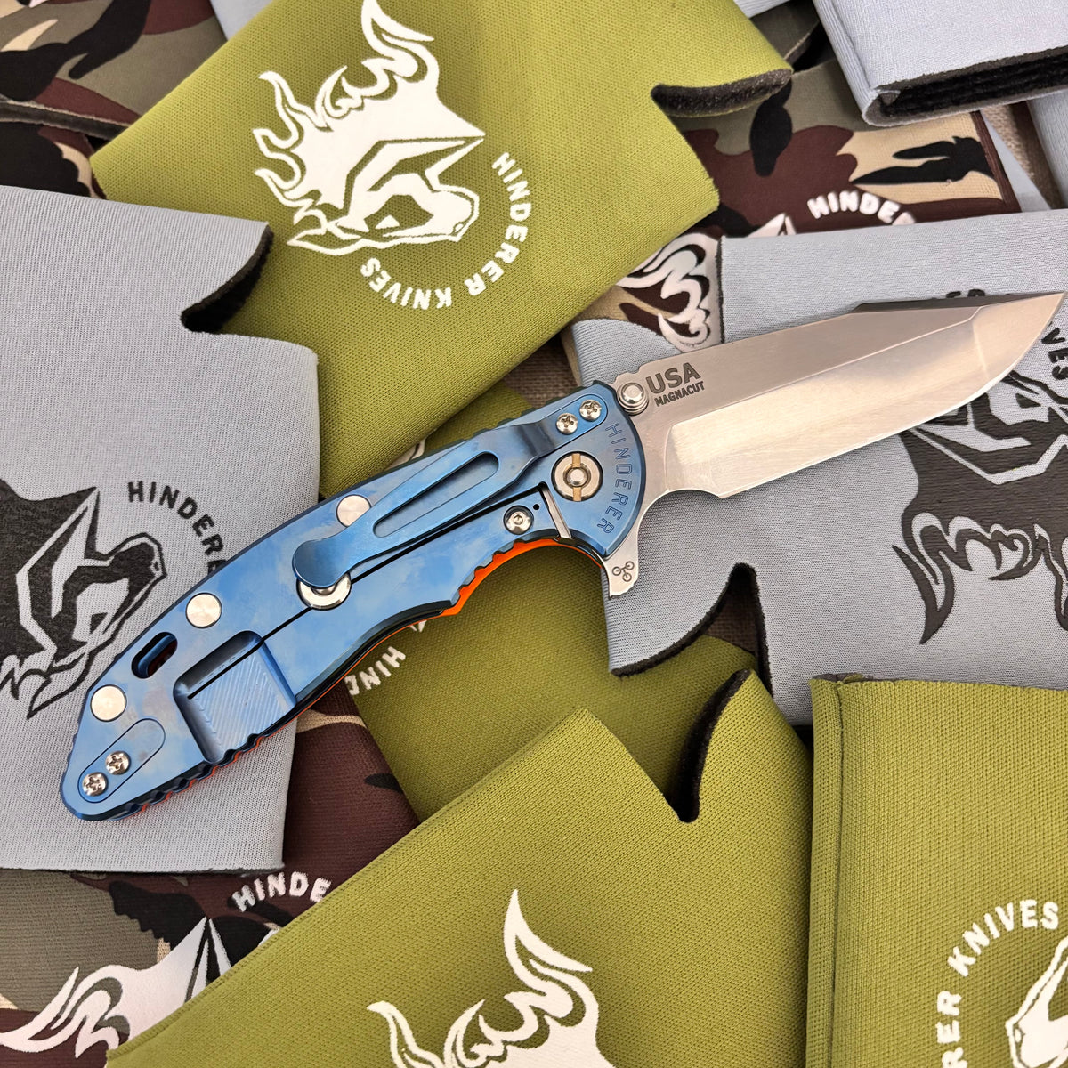 Rick Hinderer XM-18 3.5" Magnacut SKINNY HARPOON SPANTO, Tri-Way, Stonewash Blue, Orange G10 Flipper Folding Knife
