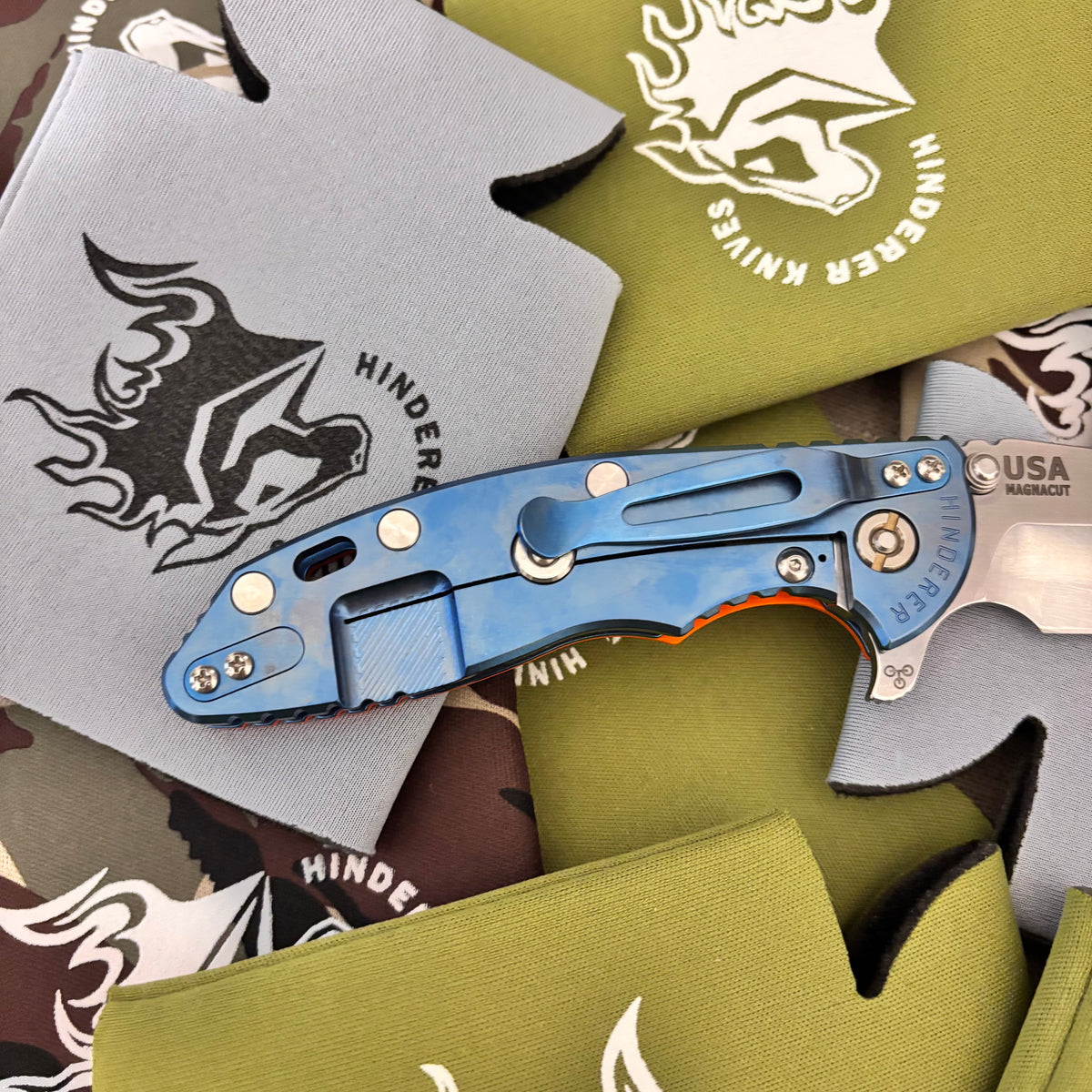 Rick Hinderer XM-18 3.5" Magnacut SKINNY HARPOON SPANTO, Tri-Way, Stonewash Blue, Orange G10 Flipper Folding Knife