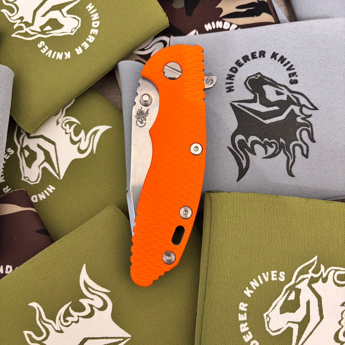 Rick Hinderer XM-18 3.5" Magnacut SKINNY HARPOON SPANTO, Tri-Way, Stonewash Blue, Orange G10 Flipper Folding Knife