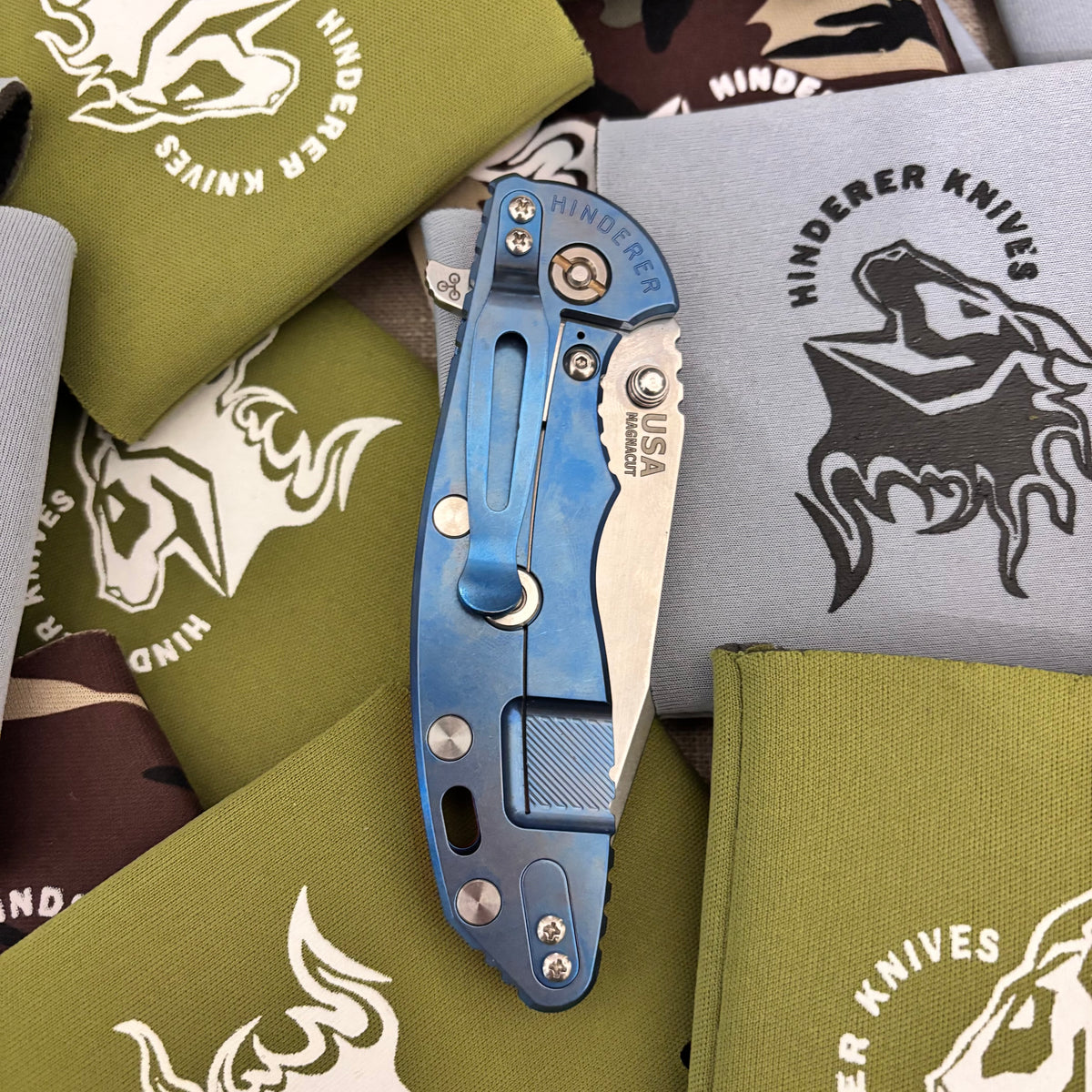 Rick Hinderer XM-18 3.5" Magnacut SKINNY HARPOON SPANTO, Tri-Way, Stonewash Blue, Orange G10 Flipper Folding Knife