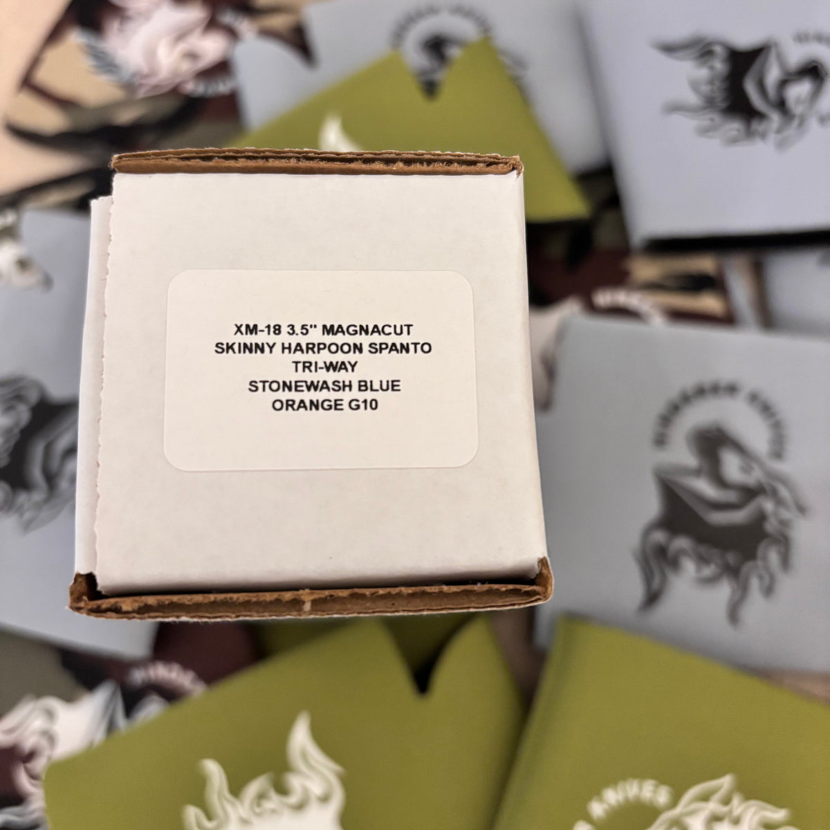 Rick Hinderer XM-18 3.5" Magnacut SKINNY HARPOON SPANTO, Tri-Way, Stonewash Blue, Orange G10 Flipper Folding Knife