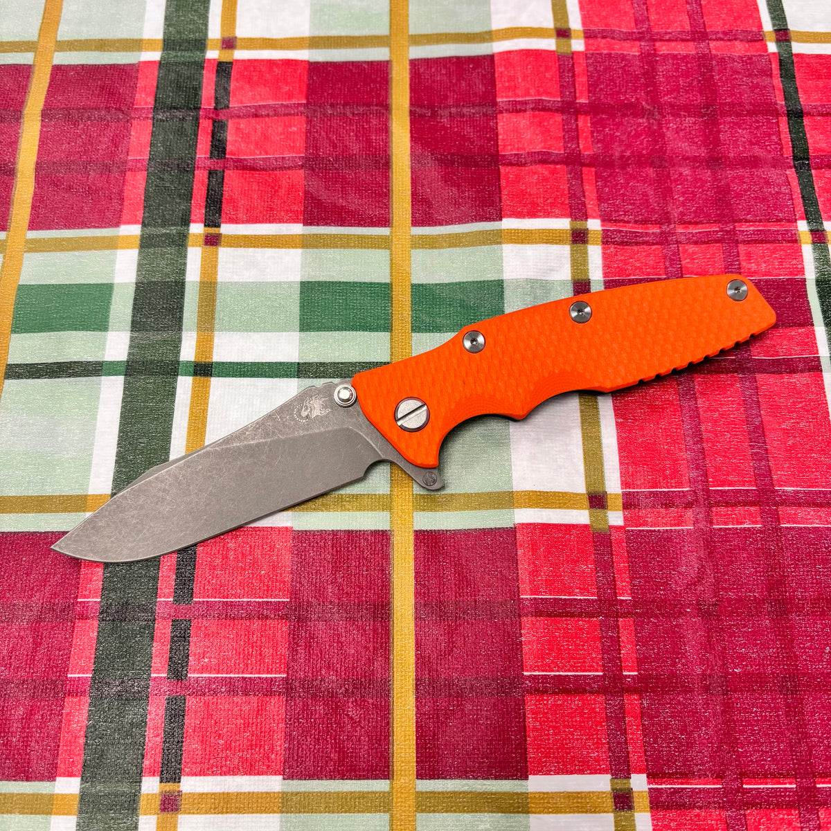 Rick Hinderer Eklipse SKINNY Slicer 3.5" Magnacut, Hollow Grind, Tri-Way, Battle Blue Orange G10 Knife