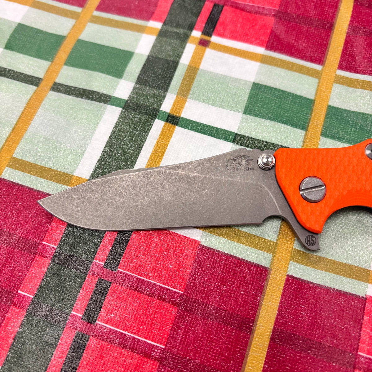 Rick Hinderer Eklipse SKINNY Slicer 3.5" Magnacut, Hollow Grind, Tri-Way, Battle Blue Orange G10 Knife