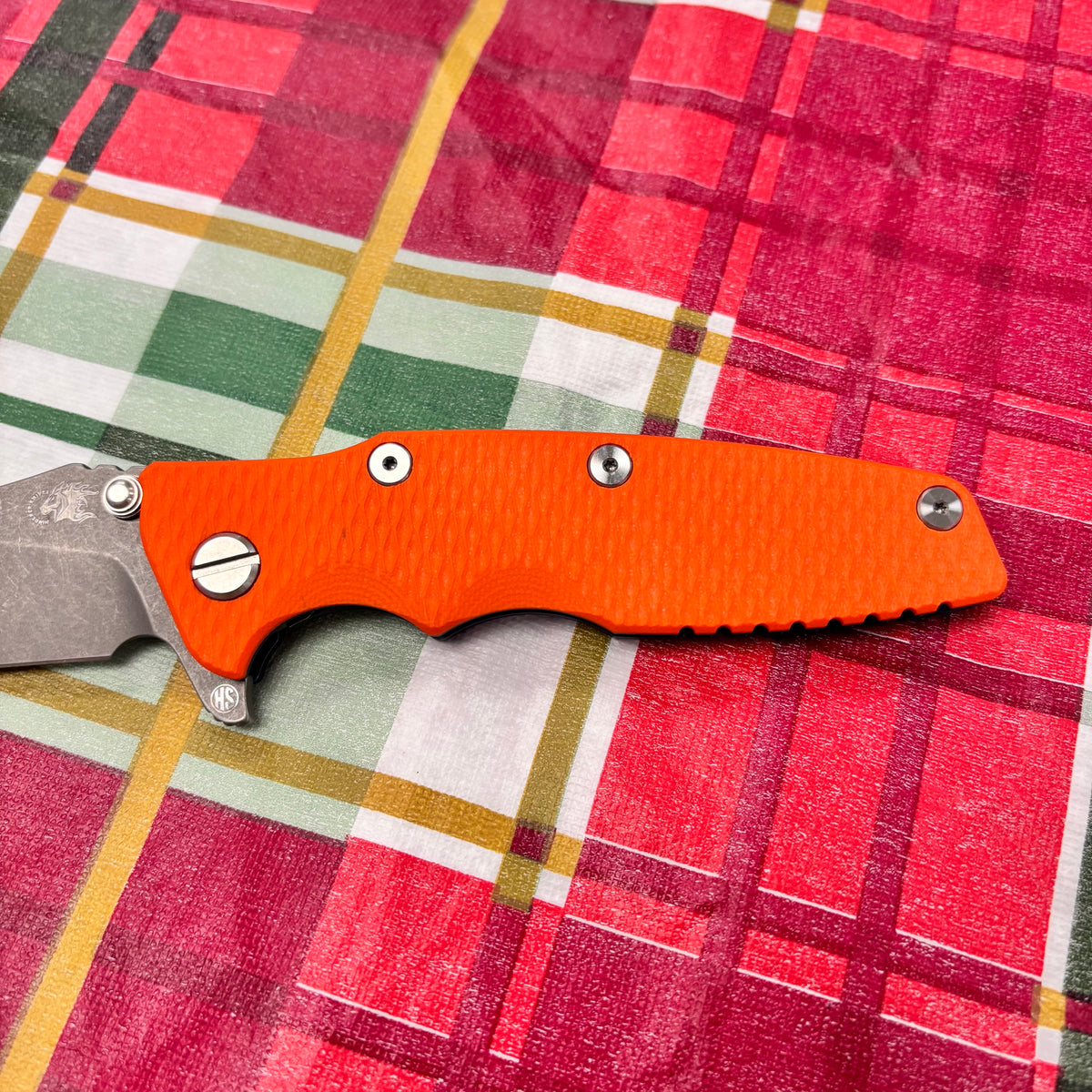 Rick Hinderer Eklipse SKINNY Slicer 3.5" Magnacut, Hollow Grind, Tri-Way, Battle Blue Orange G10 Knife
