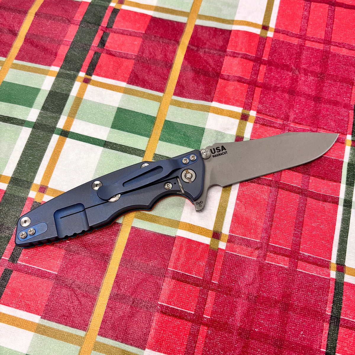Rick Hinderer Eklipse SKINNY Slicer 3.5" Magnacut, Hollow Grind, Tri-Way, Battle Blue Orange G10 Knife