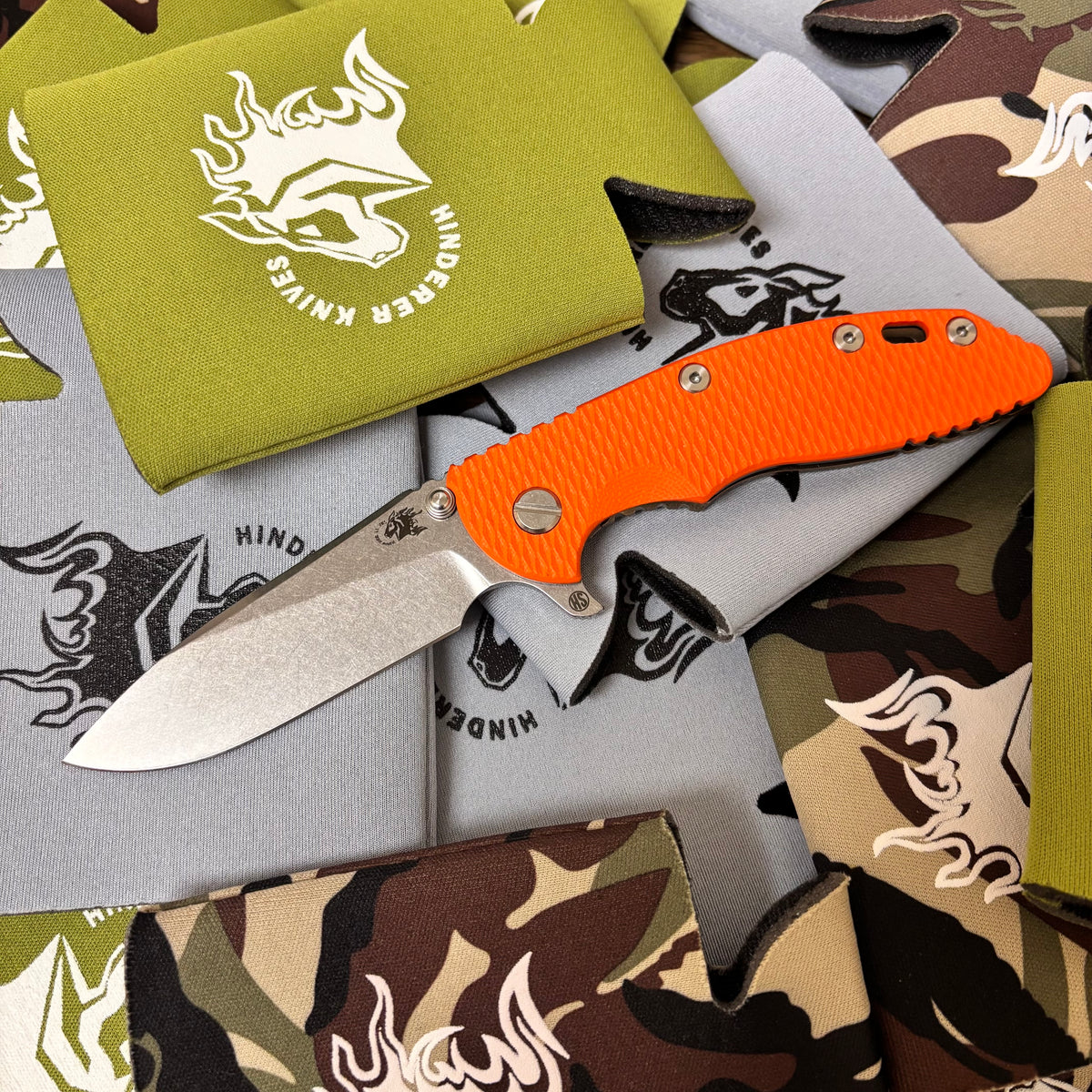 Rick Hinderer XM-18 3.5" Magnacut SKINNY SLICER Hollow Grind, Tri-Way, Stonewash Bronze, Orange G10 Folding Knife