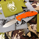 Rick Hinderer XM-18 3.5" Magnacut SKINNY SLICER Hollow Grind, Tri-Way, Stonewash Bronze, Orange G10 Folding Knife