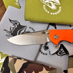 Rick Hinderer XM-18 3.5" Magnacut SKINNY SLICER Hollow Grind, Tri-Way, Stonewash Bronze, Orange G10 Folding Knife