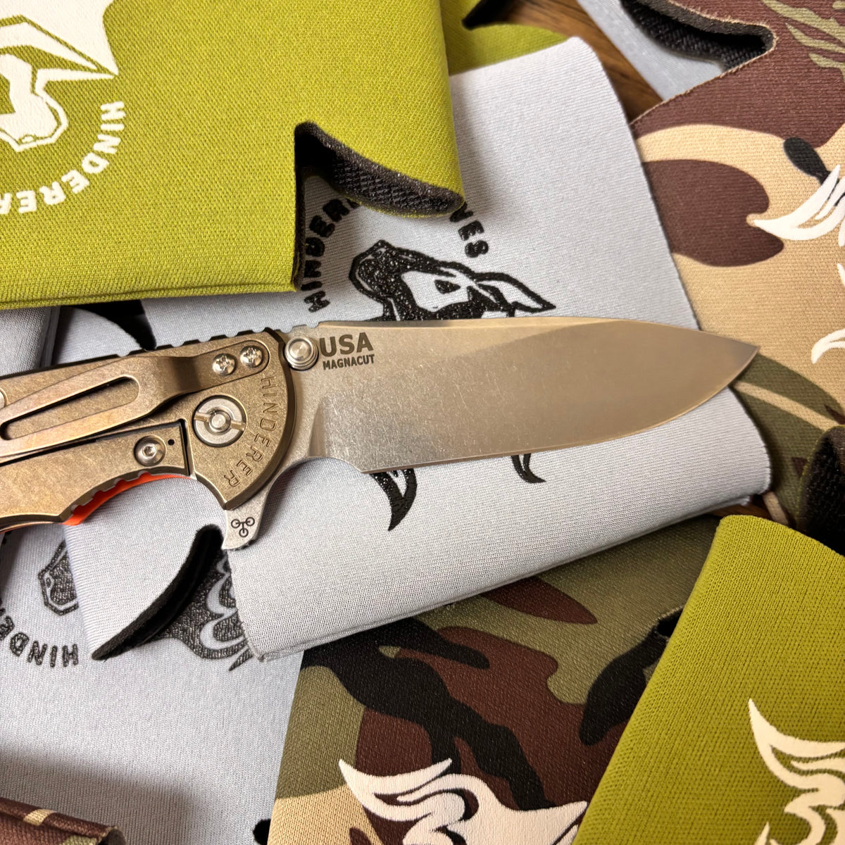 Rick Hinderer XM-18 3.5" Magnacut SKINNY SLICER Hollow Grind, Tri-Way, Stonewash Bronze, Orange G10 Folding Knife