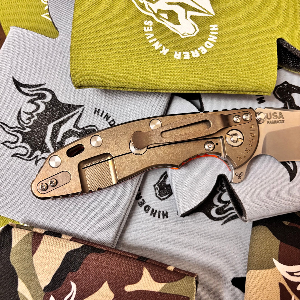 Rick Hinderer XM-18 3.5" Magnacut SKINNY SLICER Hollow Grind, Tri-Way, Stonewash Bronze, Orange G10 Folding Knife