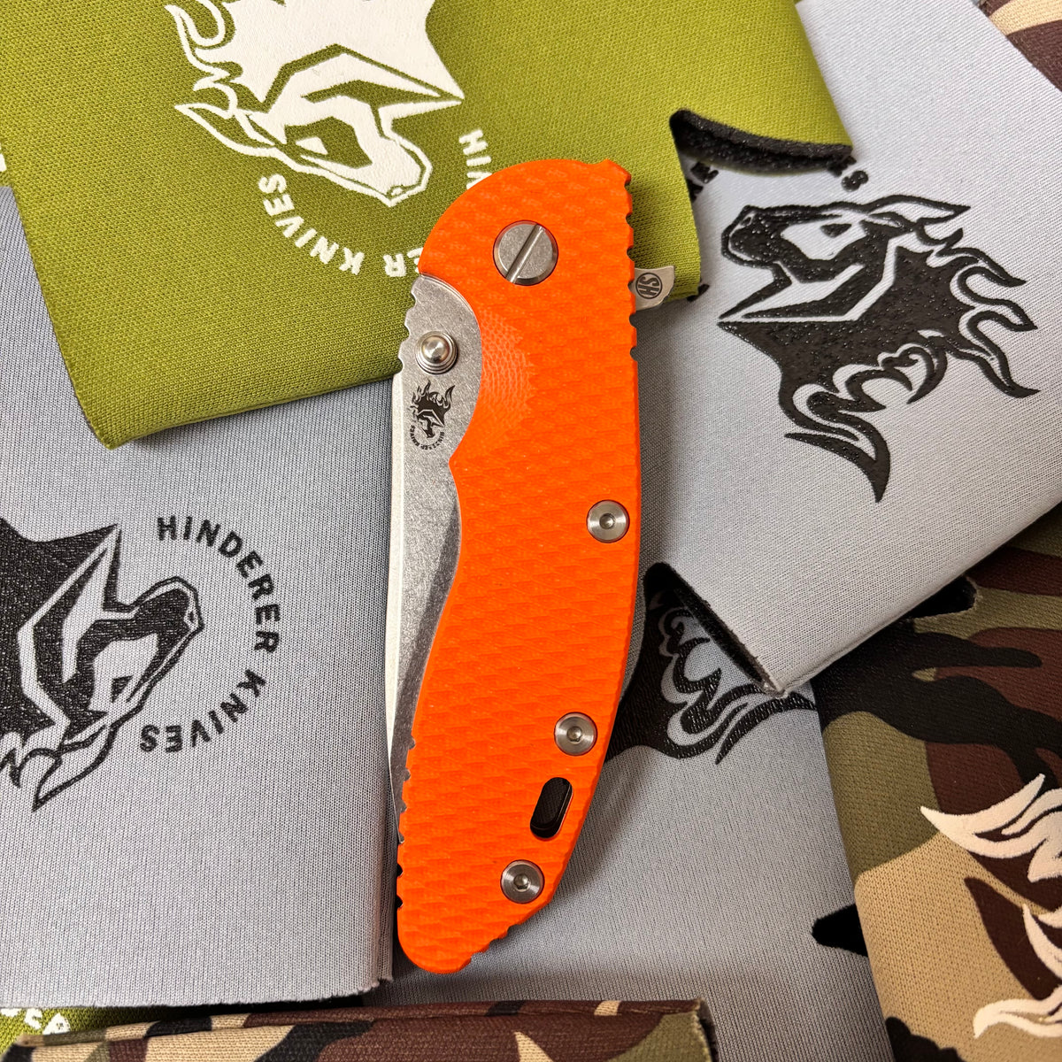 Rick Hinderer XM-18 3.5" Magnacut SKINNY SLICER Hollow Grind, Tri-Way, Stonewash Bronze, Orange G10 Folding Knife