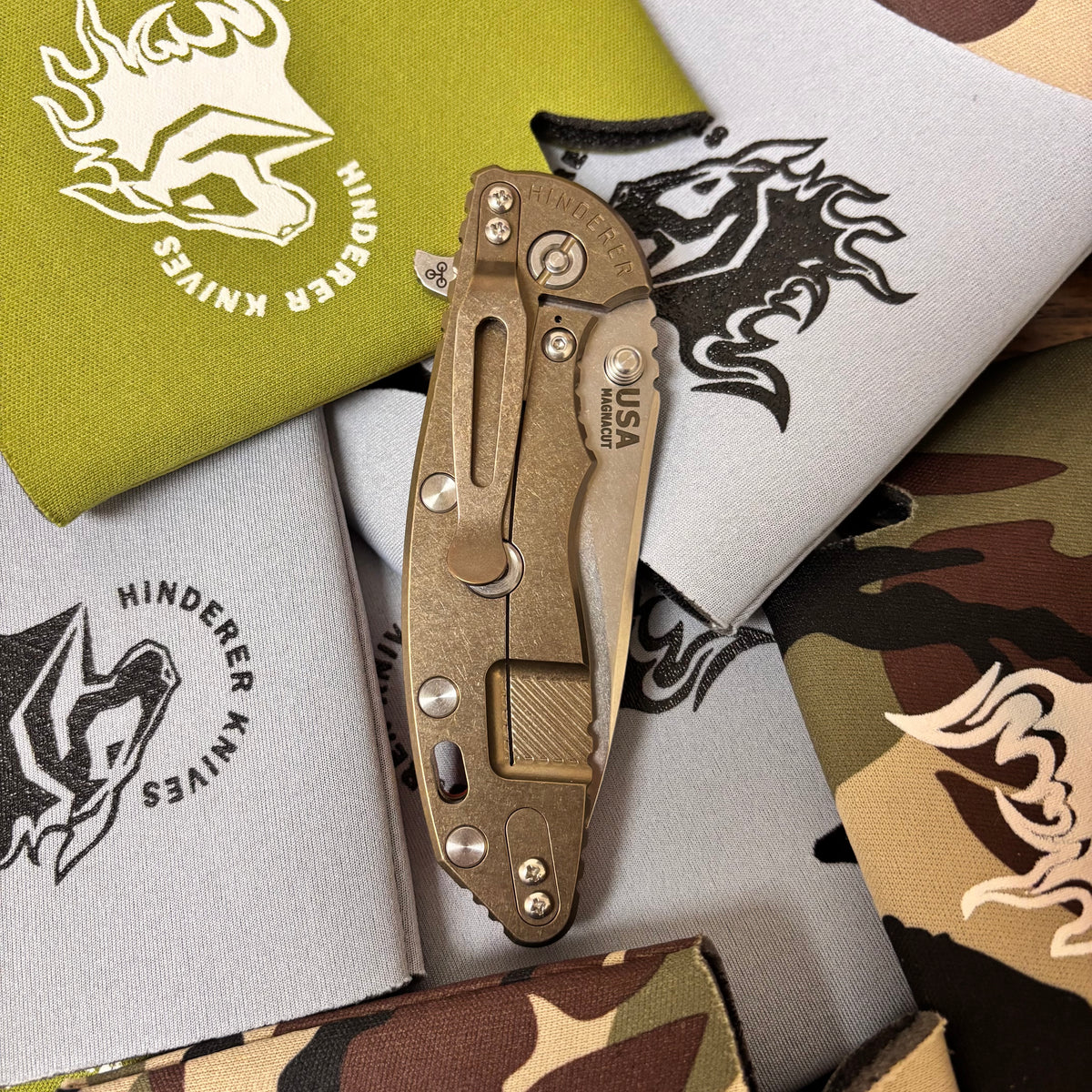 Rick Hinderer XM-18 3.5" Magnacut SKINNY SLICER Hollow Grind, Tri-Way, Stonewash Bronze, Orange G10 Folding Knife