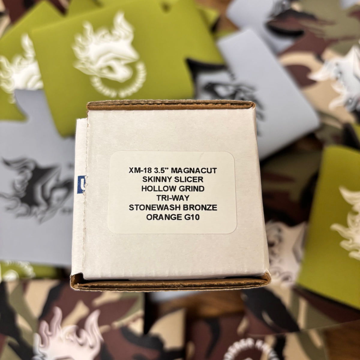 Rick Hinderer XM-18 3.5" Magnacut SKINNY SLICER Hollow Grind, Tri-Way, Stonewash Bronze, Orange G10 Folding Knife