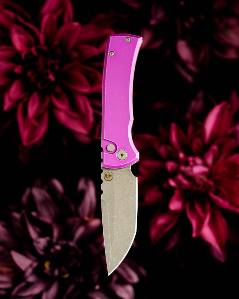 Chaves x Protech Redencion 229 S35VN Tanto 3.3" S35VN Stonewash Battle Worn Purple Aluminum Handle Automatic Folding Knife