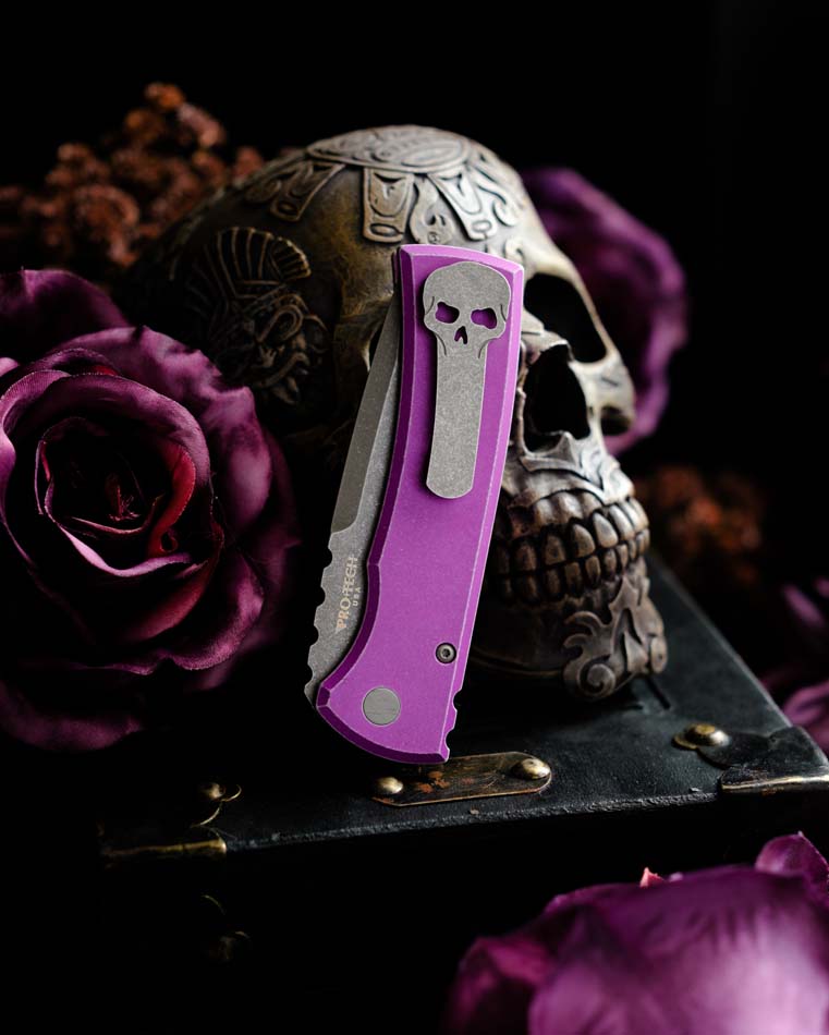 Chaves x Protech Redencion 229 S35VN Tanto 3.3" S35VN Stonewash Battle Worn Purple Aluminum Handle Automatic Folding Knife