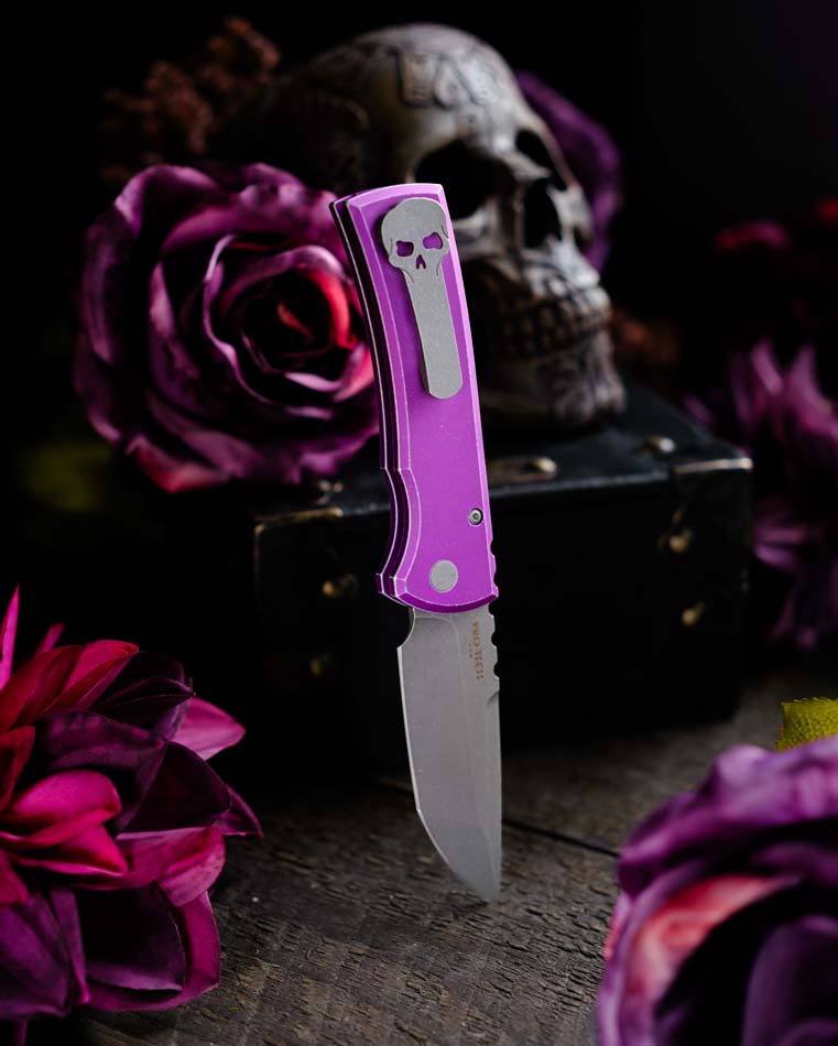 Chaves x Protech Redencion 229 S35VN Tanto 3.3" S35VN Stonewash Battle Worn Purple Aluminum Handle Automatic Folding Knife