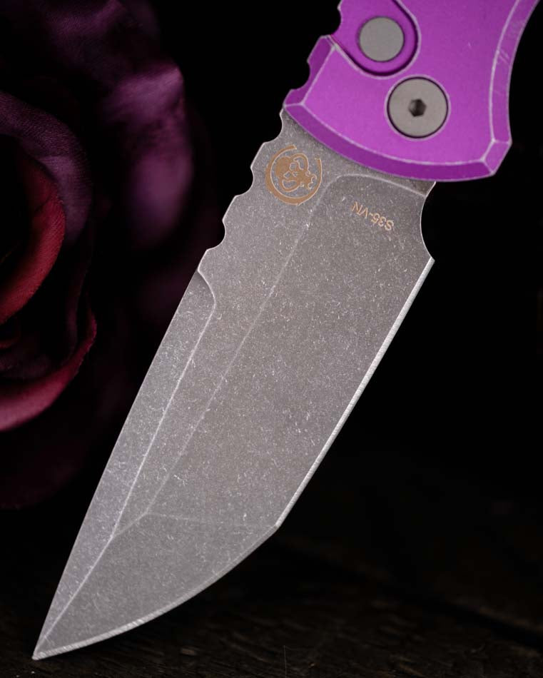 Chaves x Protech Redencion 229 S35VN Tanto 3.3" S35VN Stonewash Battle Worn Purple Aluminum Handle Automatic Folding Knife