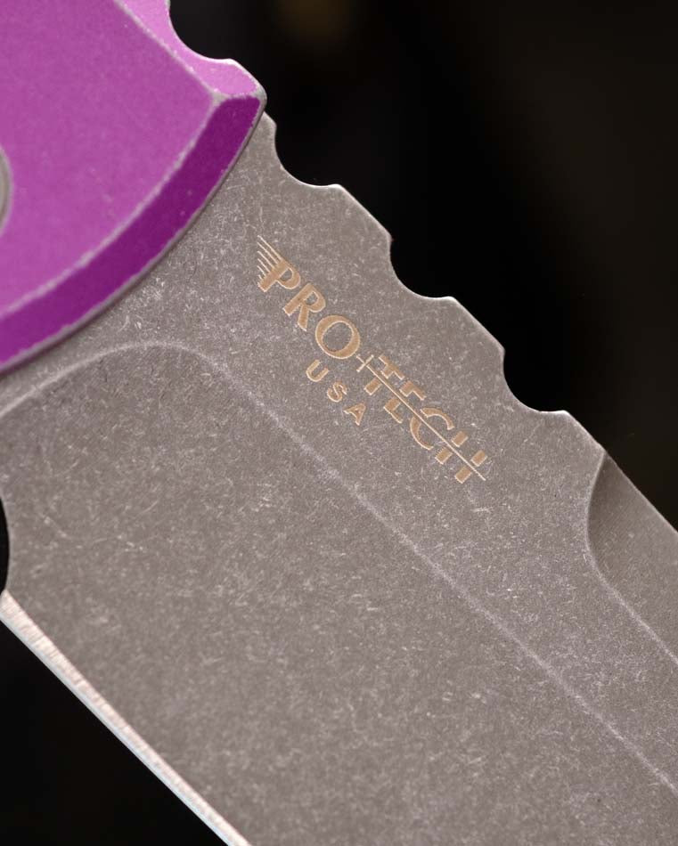 Chaves x Protech Redencion 229 S35VN Tanto 3.3" S35VN Stonewash Battle Worn Purple Aluminum Handle Automatic Folding Knife