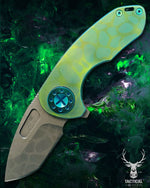 Curtiss Custom Knives F3 Compact Frame Lock, 2.5" Spanto Magnacut Blasted Blade FLIPPER, Green Pattern Handles, Knife