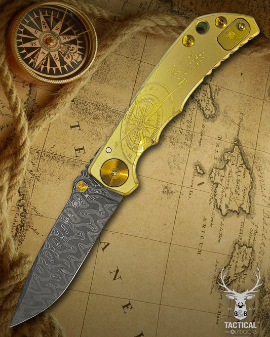 Spartan Blades Harsey Folder - Sandstone Compass Theme, Chad Nichols Damascus Blade, Sandstone ANO Hardware Knife