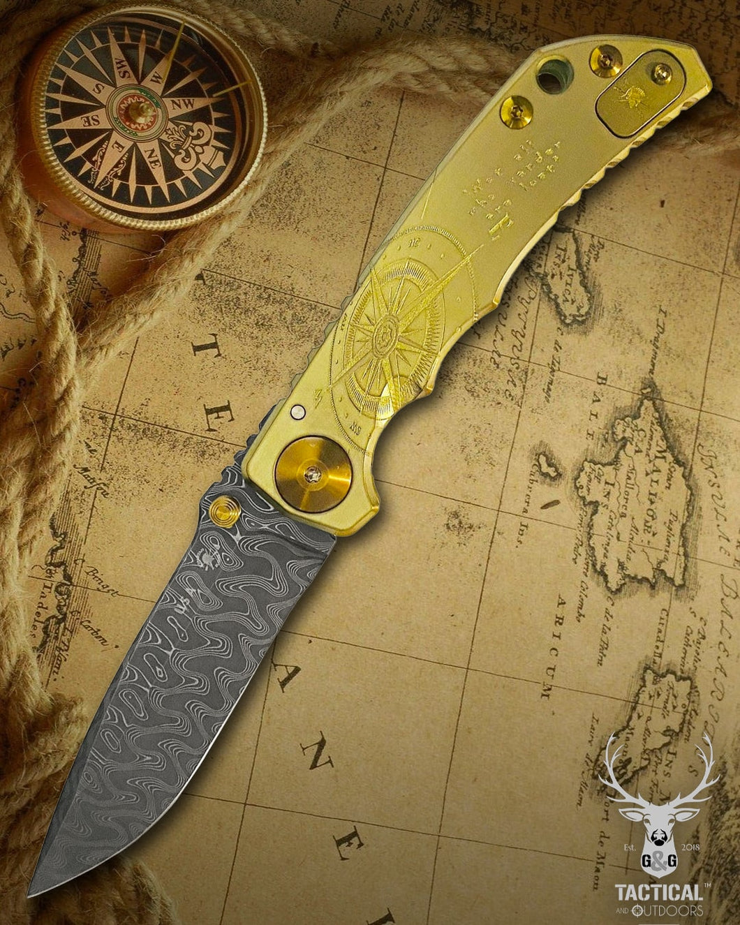 Spartan Blades Harsey Folder - Sandstone Compass Theme, Chad Nichols Damascus Blade, Sandstone ANO Hardware Knife