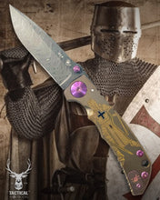 Load image into Gallery viewer, Spartan Blades Harsey Folder - Crusader Theme, Chad Nichols Damascus Blade, Bronze Hardware Knife
