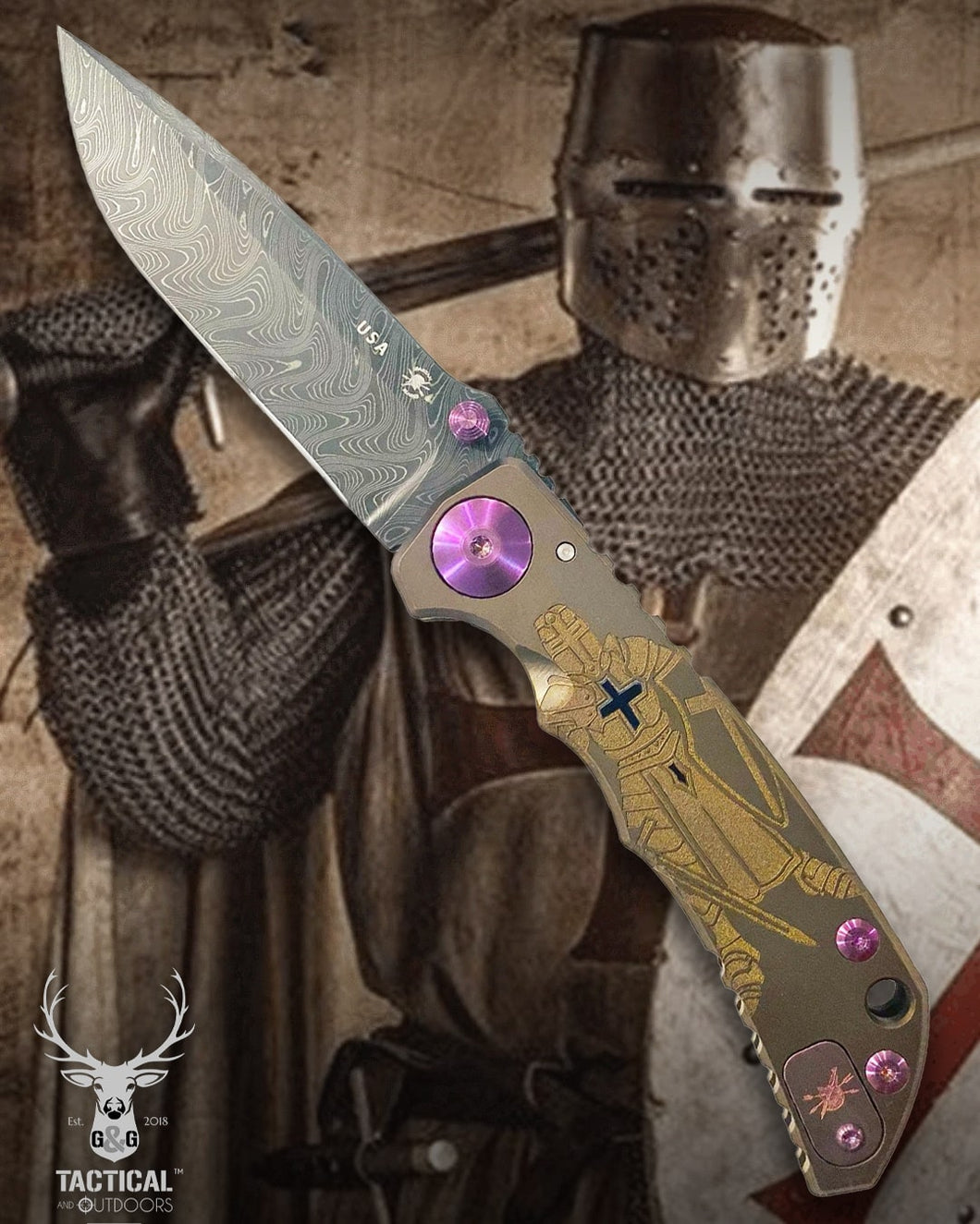 Spartan Blades Harsey Folder - Crusader Theme, Chad Nichols Damascus Blade, Bronze Hardware Knife