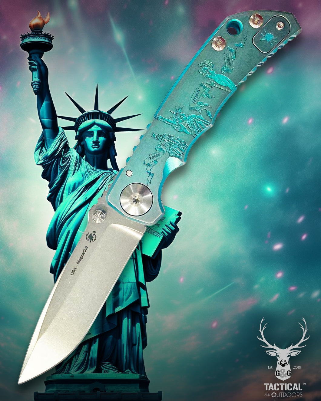 Spartan Blades Harsey Folder - Ladies of Liberty Green Theme, Stonewash Magnacut Blade, Satin ANO Hardware Knife