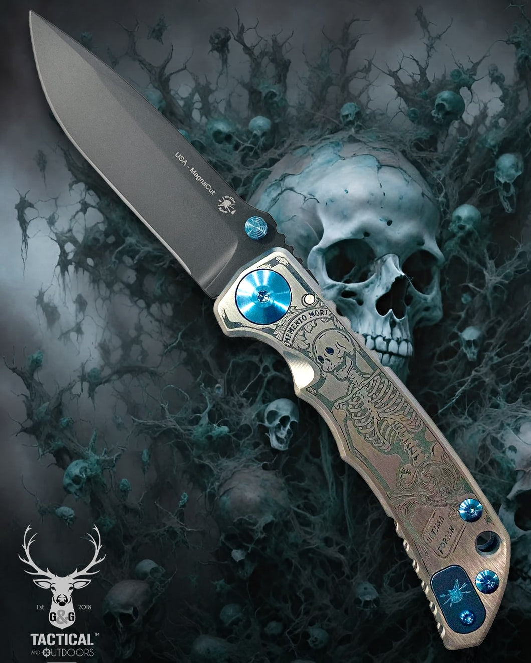 Spartan Blades Harsey Folder - Memento Mori 2023 Theme, PVD Magnacut Blade, Blue ANO Hardware Knife