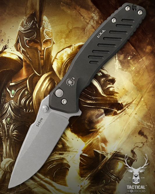 Spartan Blades SF3SW PALLAS Flipper 3.75" S35VN Stonewashed Plain Blade, Black Aluminum Handles