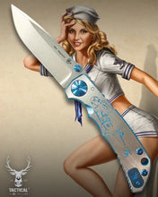 Load image into Gallery viewer, Spartan Blades Harsey Folder - Pin Up Girl Theme, Stonewash Magnacut Blade, Blue ANO Hardware Knife
