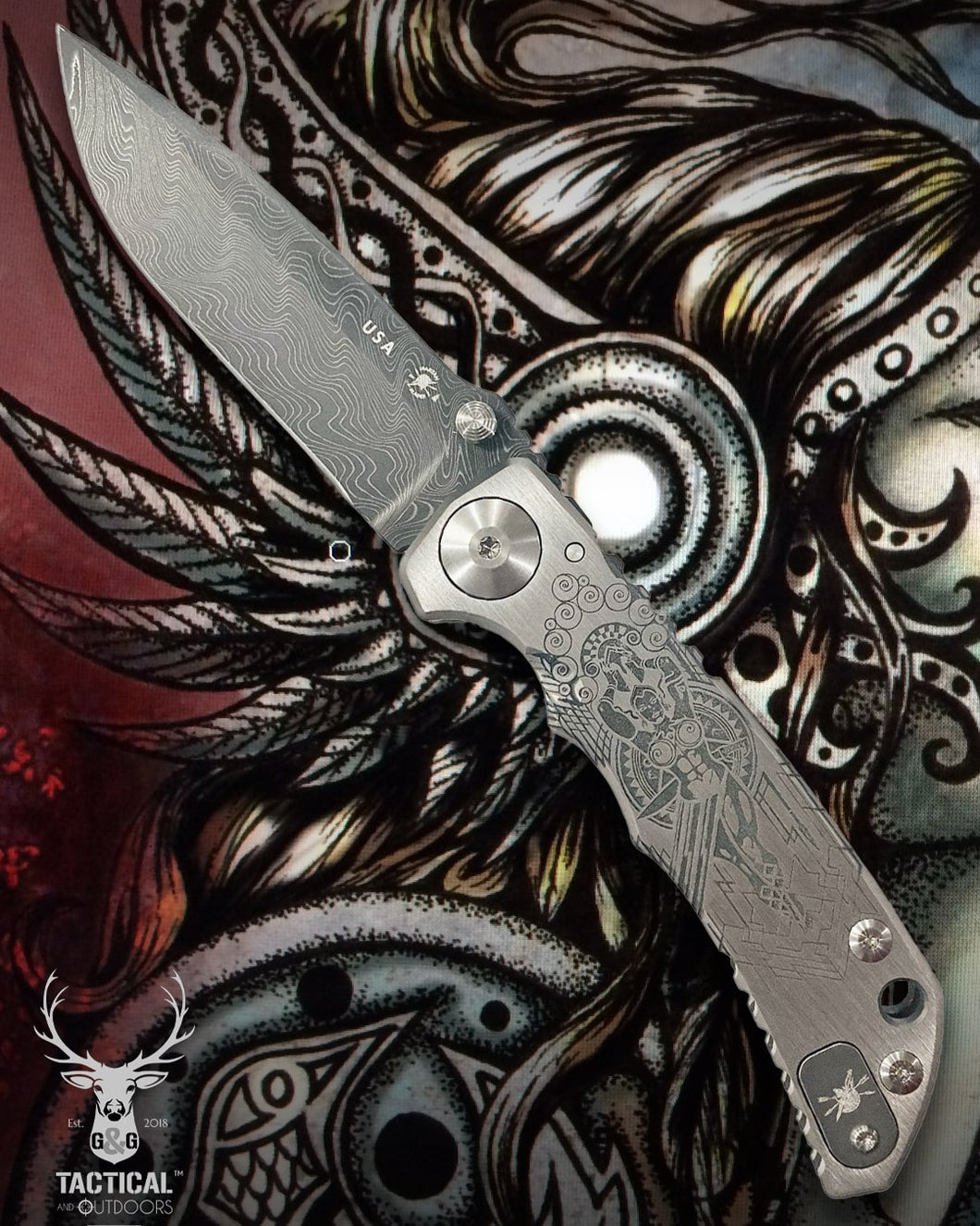Spartan Blades Harsey Folder - Valkryie Theme, Chad Nichols Damascus Blade, Satin Hardware Knife