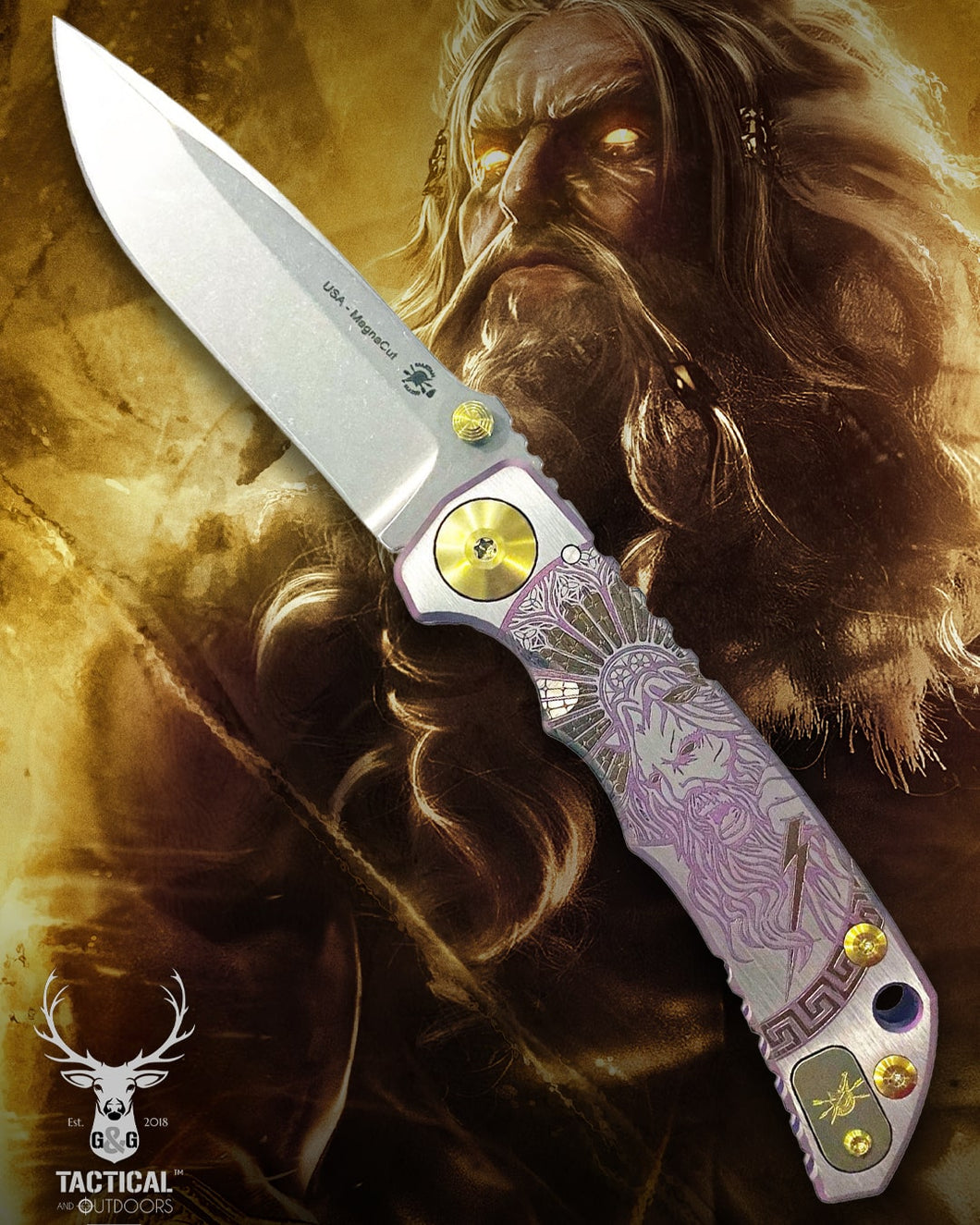 Spartan Blades Harsey Folder - Zeus 2023 Theme, Stonewash Magnacut Blade, Bronze ANO Hardware Knife