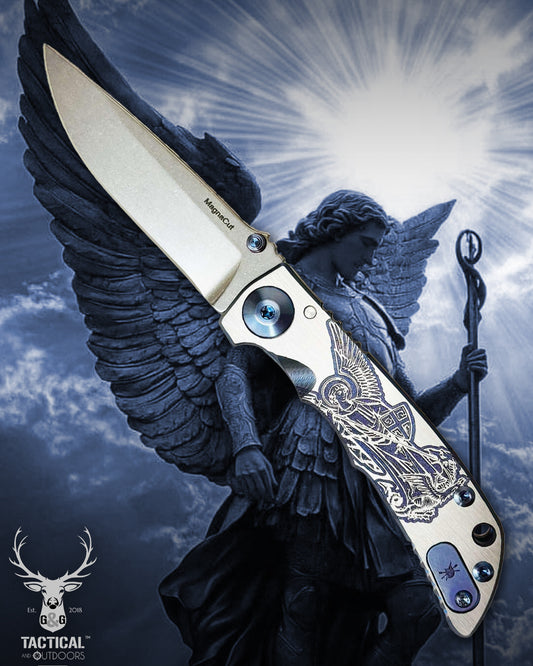 Spartan Blades SHF SF10SW 3.25" BLUE Saint Michael, Magnacut Blade, BLUE ANO Hardware Knife