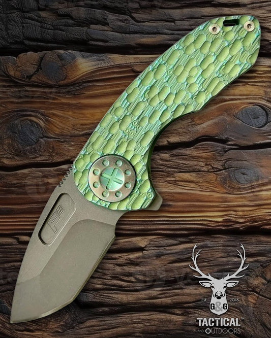 Curtiss Custom Knives F3 Compact Frame Lock, 2.5" Spanto Magnacut Blasted Blade FLIPPER, FJ-Mill Green Handles, Knife