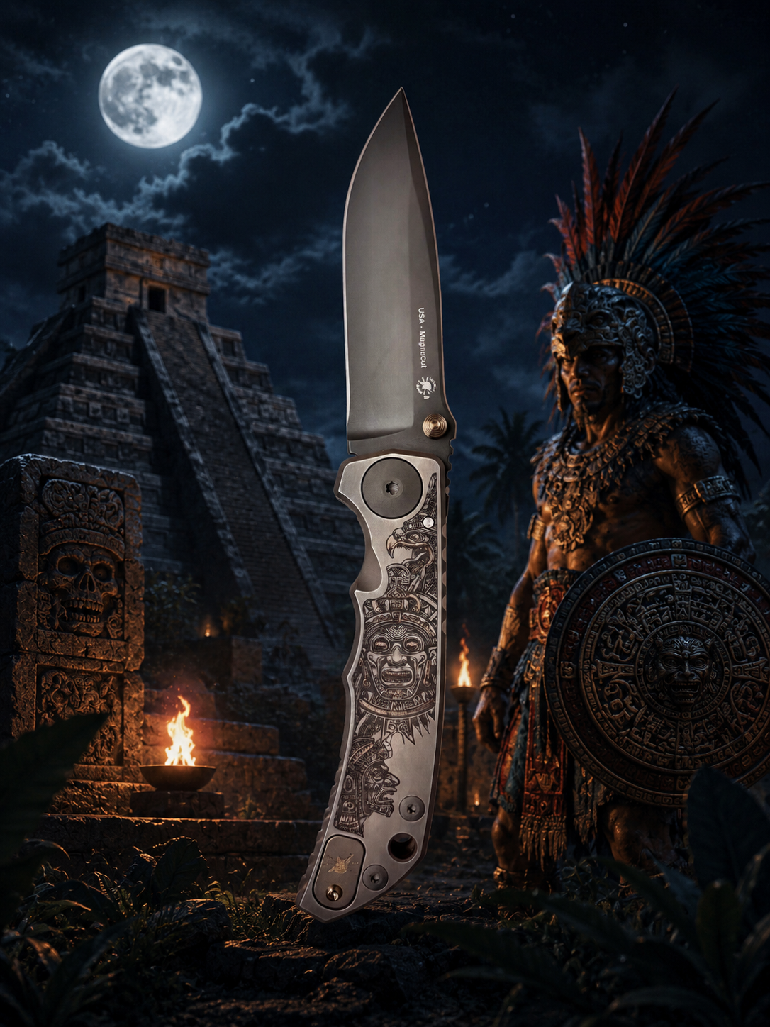 Spartan Blades Harsey Folder - Aztec Theme, Stonewash Magnacut 4" Blade Knife