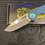 Curtiss Custom F3 Large 3.75" Slicer, Non-Flipper, Titanium Blue Frag Mill Handles, Green Polished Hardware, Magnacut Knife