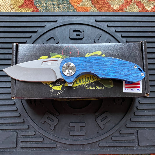 Curtiss Custom F3 Medium 3" Slicer Flipper, Blue Titanium FJ-Mill "Dragon Scale", Stonewash Magnacut Folding Knife