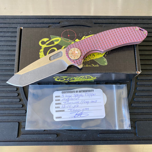 Curtiss Custom F3 Large 3.75" Spanto, Flipper, Titanium Frag Mill Handles, Pink Polished Hardware, Magnacut Knife
