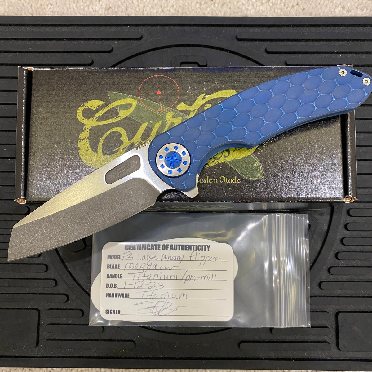 Curtiss Custom F3 Large 3.75" Wharny, Flipper, Titanium Blue PM-Mill Handles, Blue Polished Hardware, Magnacut Knife