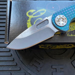 Curtiss Custom F3 Medium 3.25" Slicer NON-Flipper, Frag-Mill Aqua Purple, 2 Tone Stonewash Magnacut Folding Knife