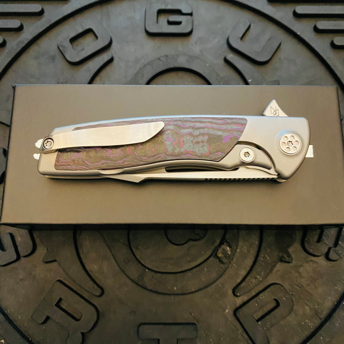 Sharp By Design Mini Evo Flipper 3.25" Satin HARPOON PURPLE HAZE FAT CARBON Inlay Knife